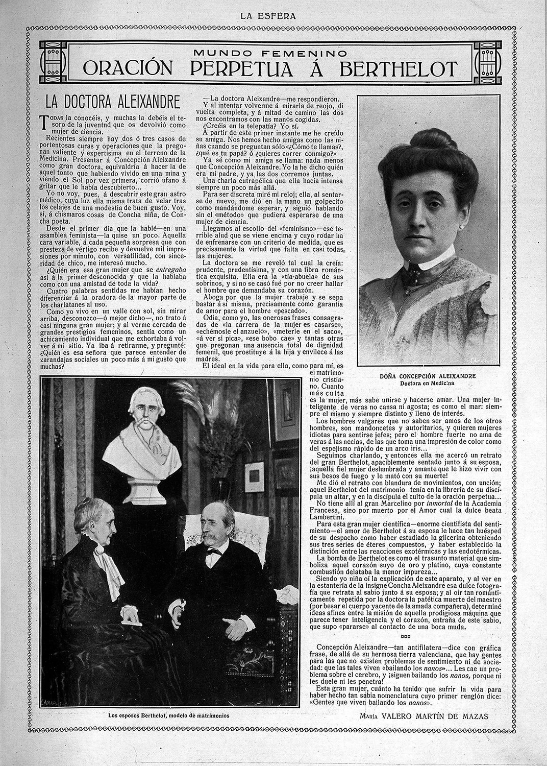 Página del periódico "La Esfera", con el titular "Oración perpetua a Berthelot", y la fotografía de una mujer.