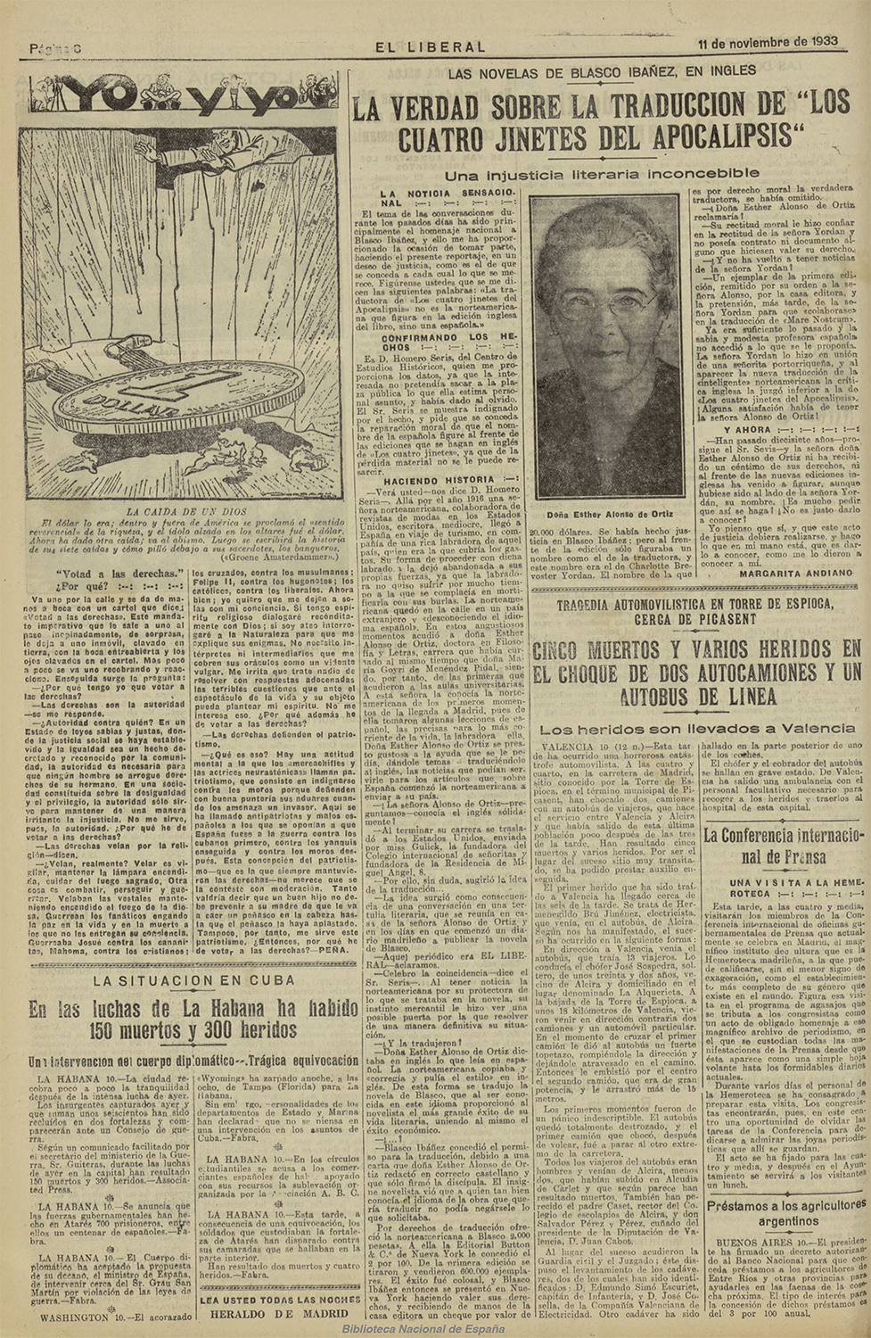 Página del periódico "El Liberal", con una fotografía de mujer con gafas.