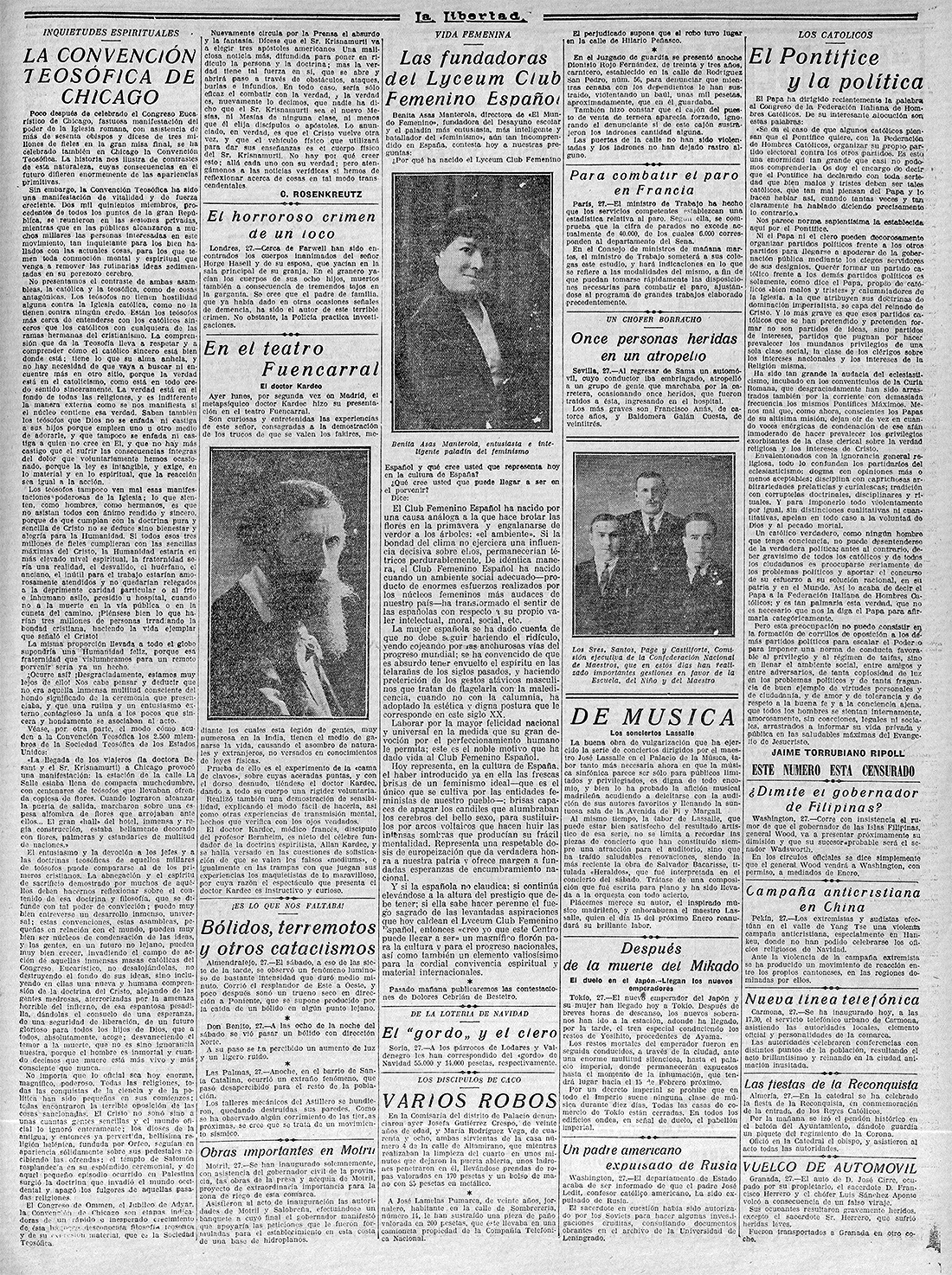 Página del periódico "La Libertad", con la fotografía de una mujer y el titular "Las Fundadoras del Lyceum Club Femenino".
