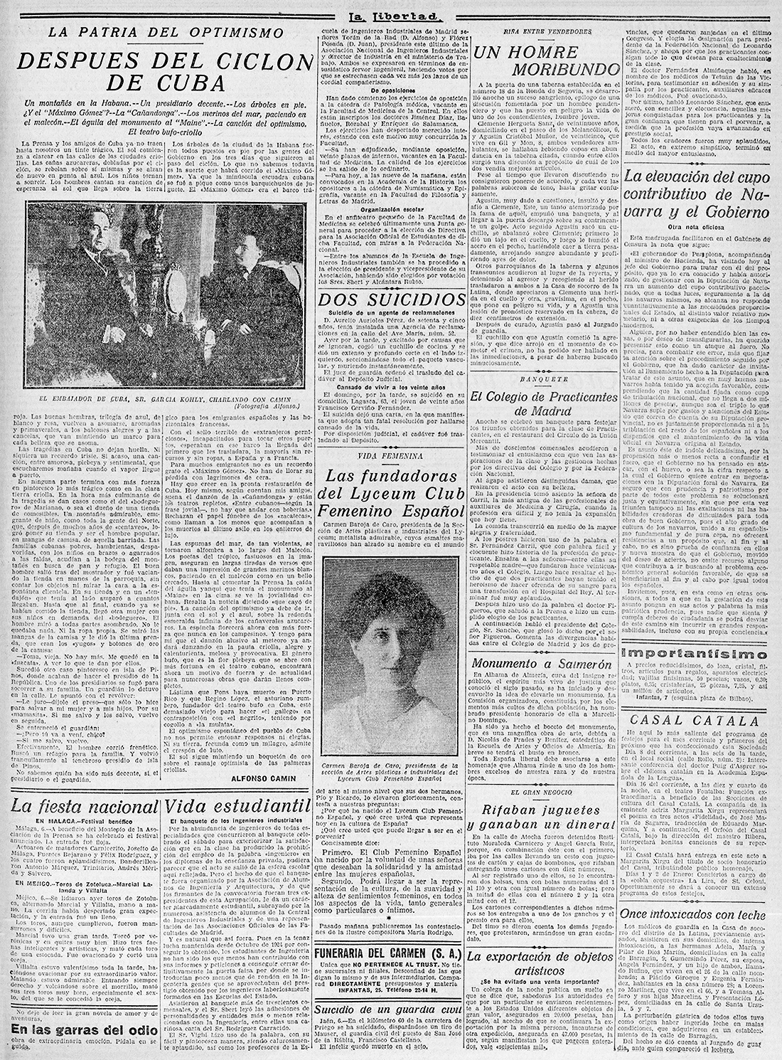 Página del periódico "La Libertad", en el centro se lee "Las Fundadoras del Lyceum Club Femenino Español", y una foto de mujer debajo