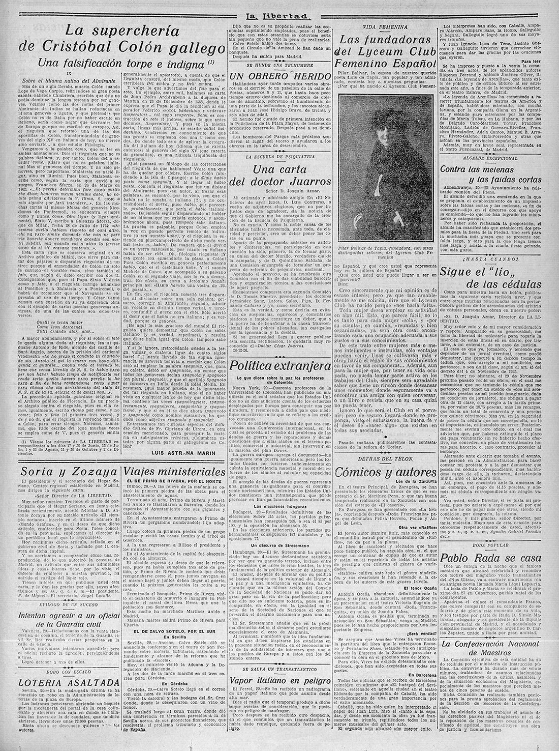 Página del periódico "La Libertad", con una foto de mujer y el titular "Las Fundadoras del Lyceum Club Femenino".