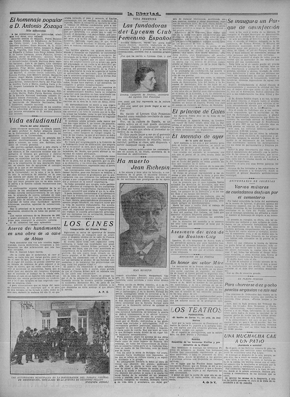 Página del periódico "La Libertad", con el titular "Las Fundadoras del Lyceum Club Femenino Español", y el retrato de una mujer.