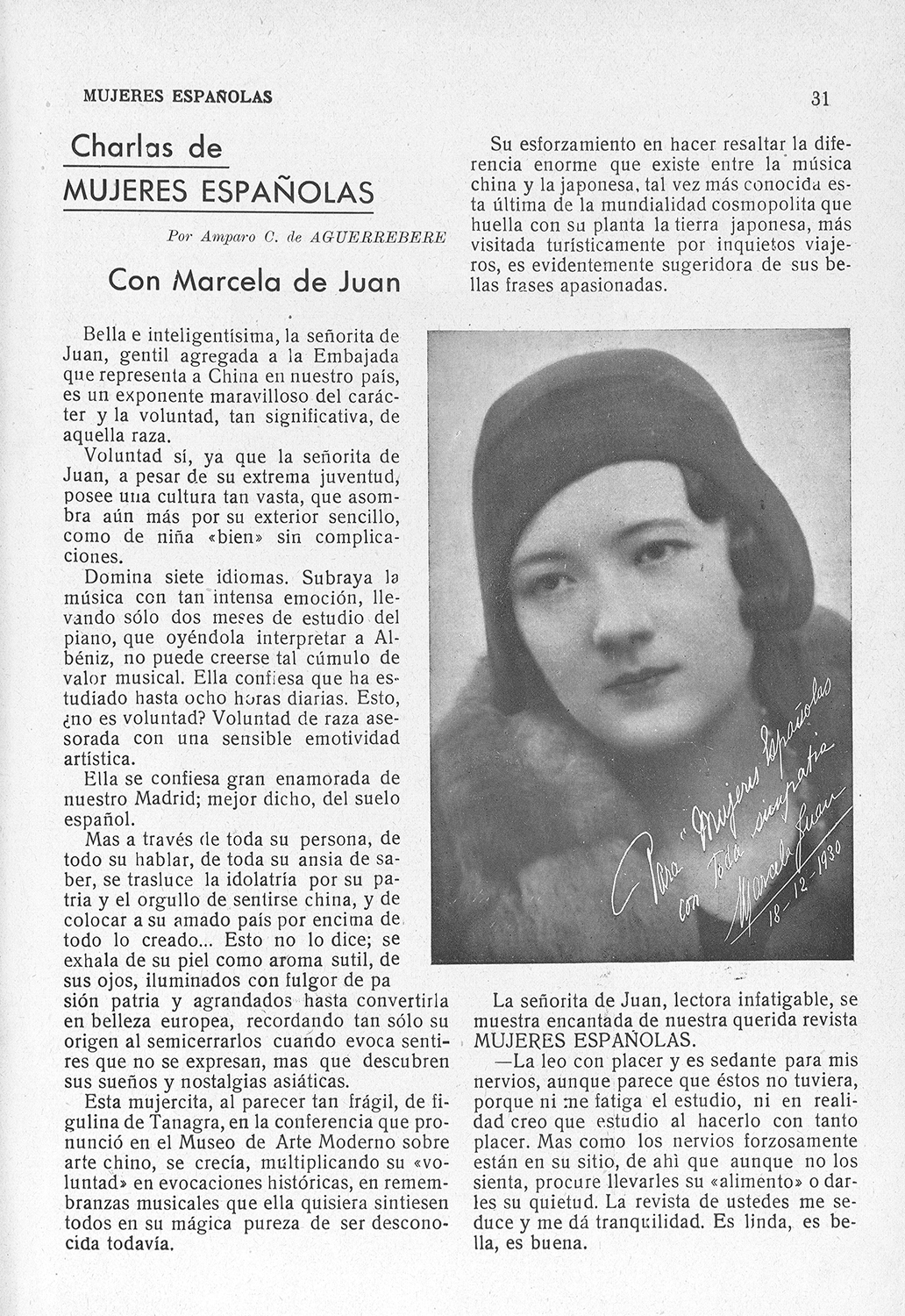 Página de periódico con fotografía de mujer, el título del artículo es "Charlas de Mujeres Españolas con Marcela de Juan".