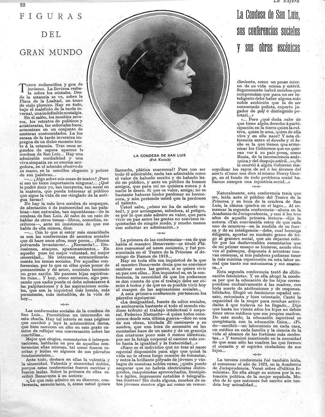 Página de periódico, con una foto redonda de mujer en la parte superior.