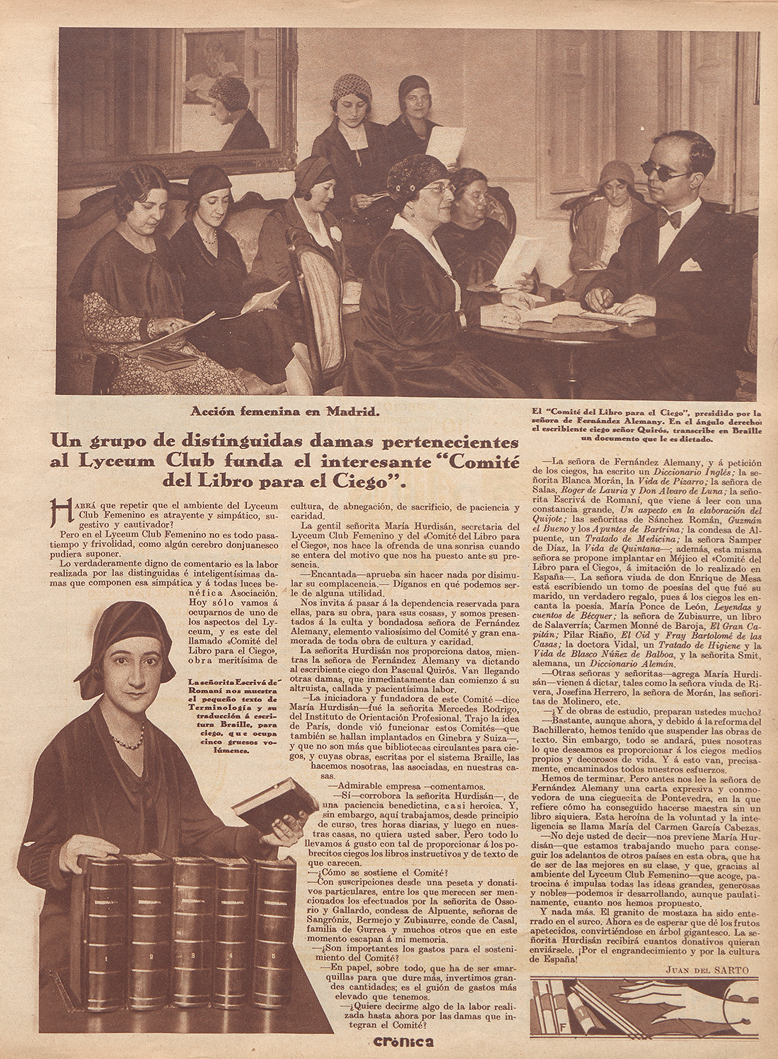 Página de periódico, con un retrato de mujer y una foto de un grupo de mujeres y un hombre invidente.