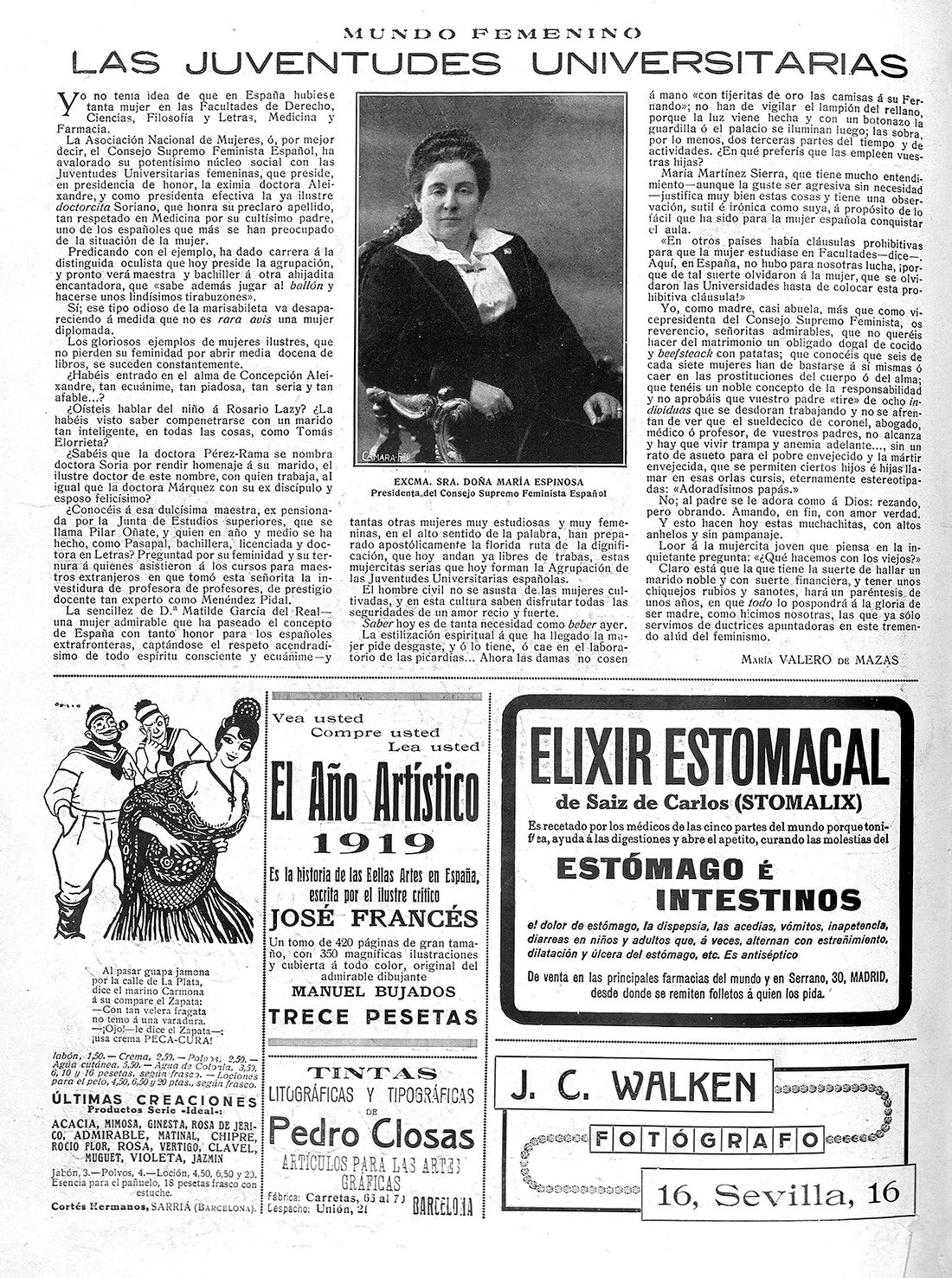 Página de periódico con fotografía de mujer y el titular "Las Juventudes Universitarias".