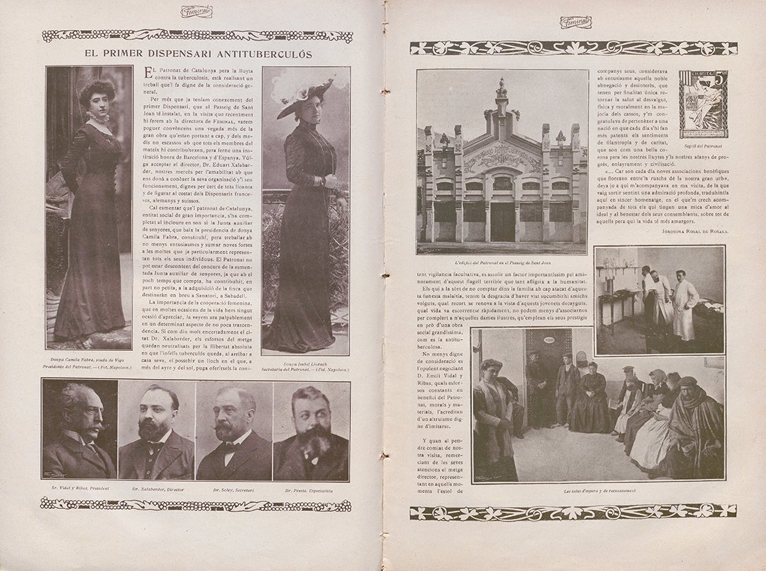 Páginas de la revista "Feminal", con el titular "El primer dispensari antituberculós", y dos fotos de mujeres.