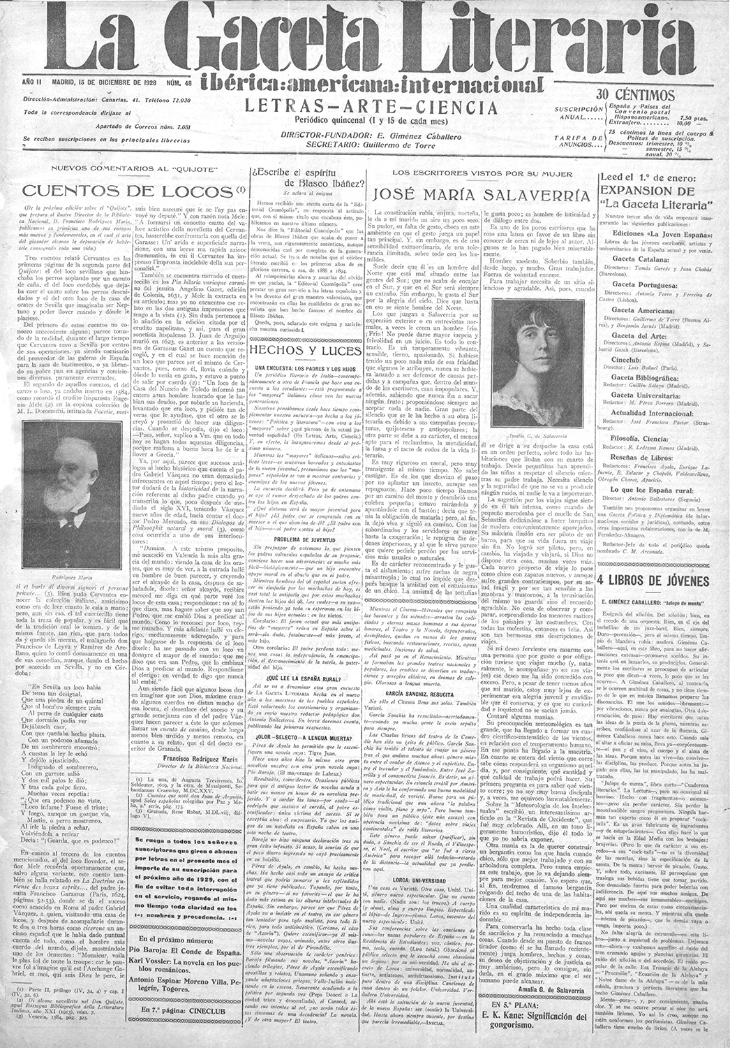 Página del periódico La Gaceta Literaria, con fotografía de mujer y titular "Los escritores vistos por su mujer: Jose María Salaverría".