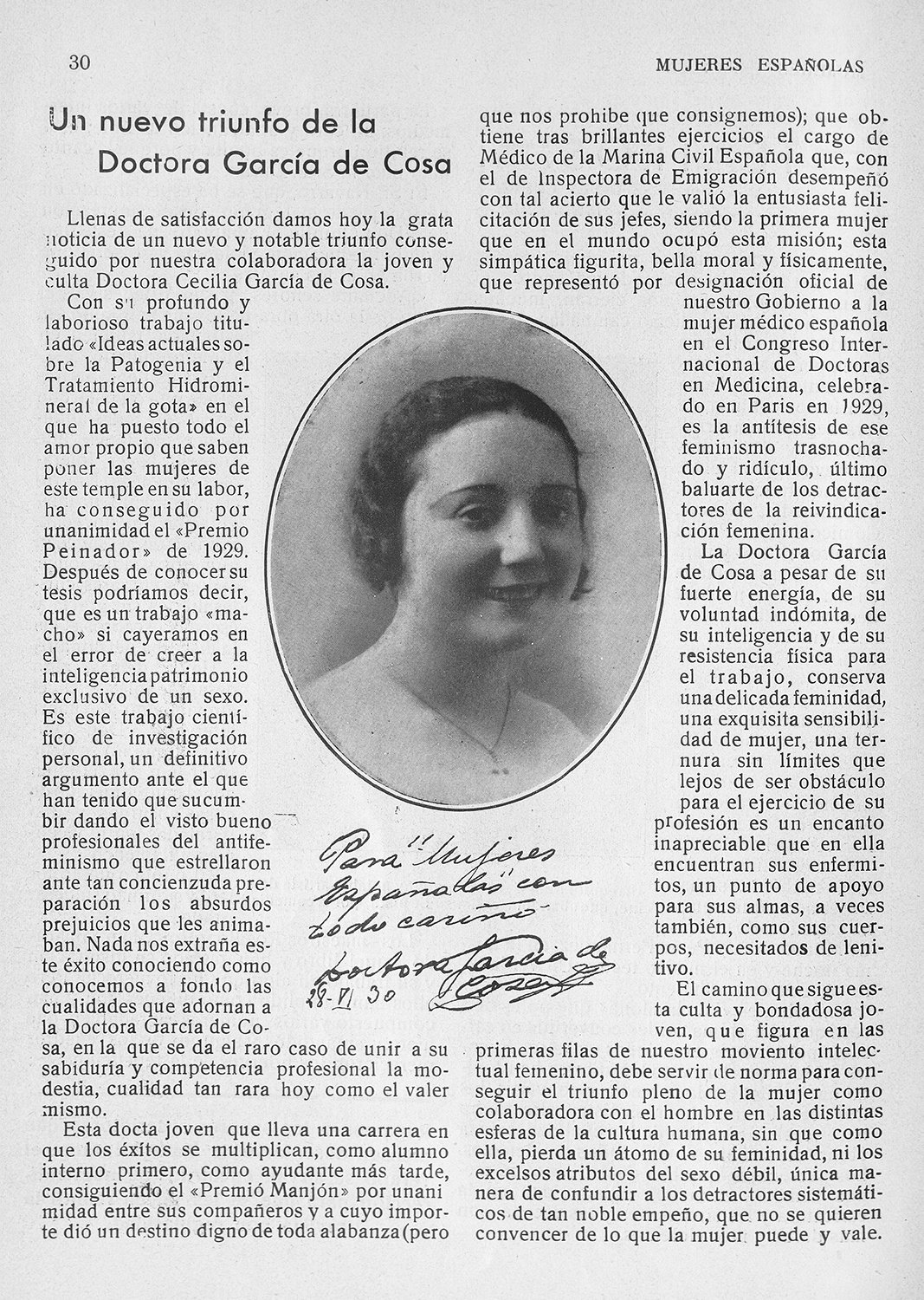 Página de la revista "Mujeres españolas", con el retrato de una mujer y el titular "Un nuevo triunfo de la Doctora García de Cosa".