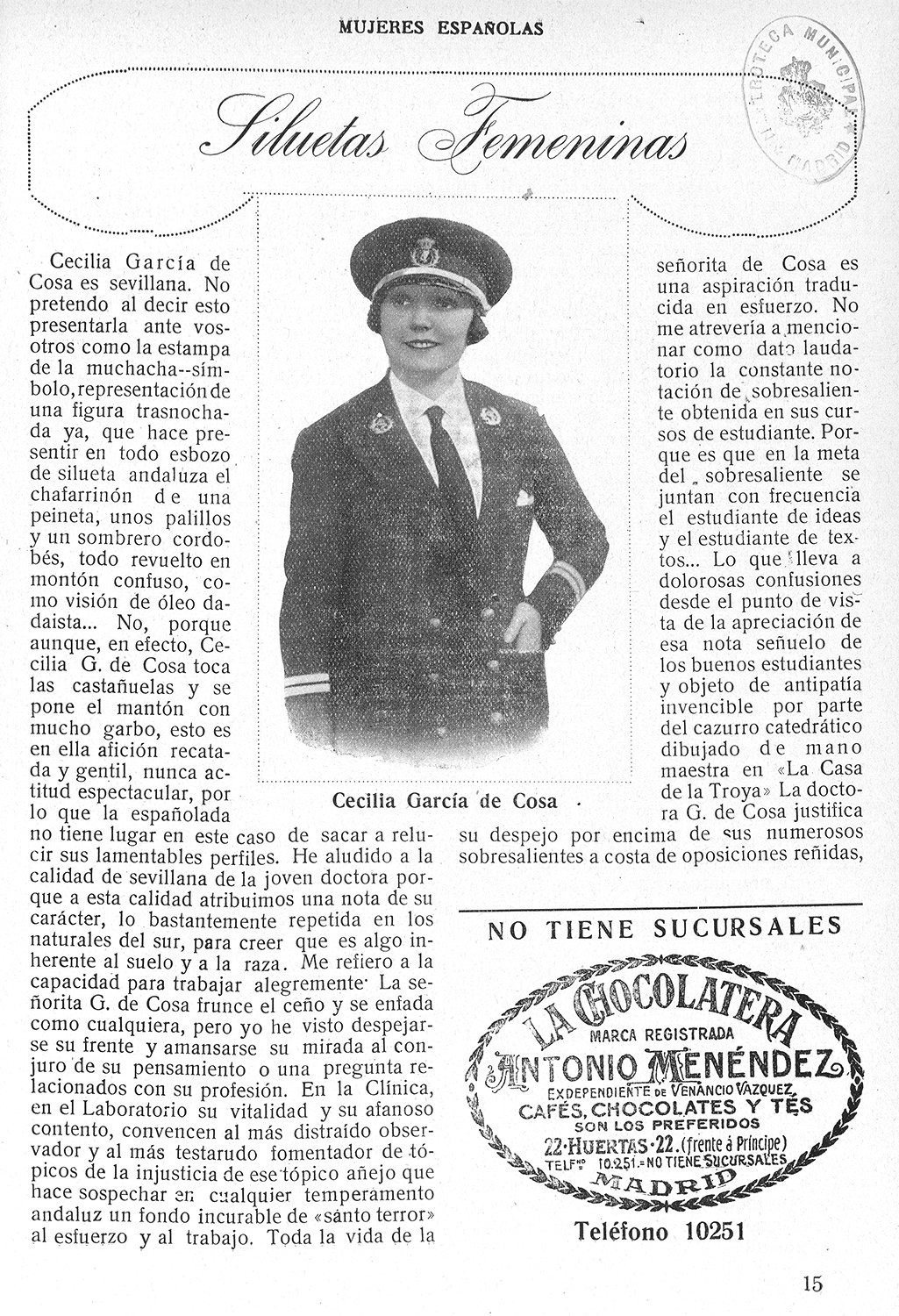 Página de la revista "Mujeres españolas", con fotografía de mujer con el titular "Siluetas Femeninas".