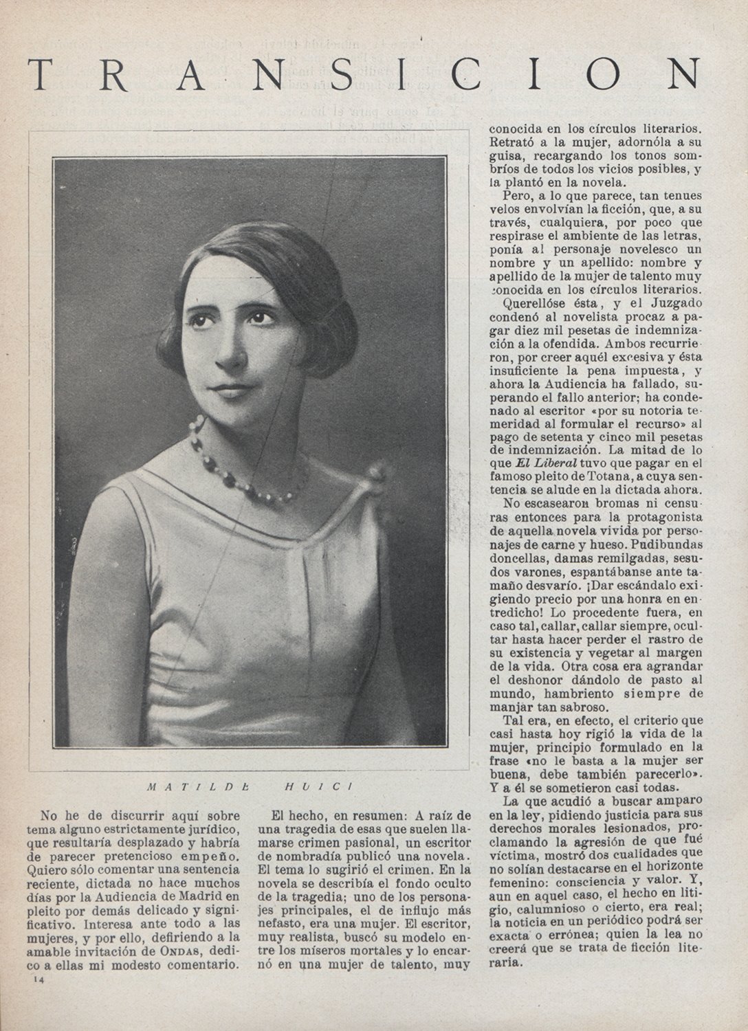 Página de la Revista "Ondas Misceláneas", con el titular "Transición" y el retrato de una mujer.