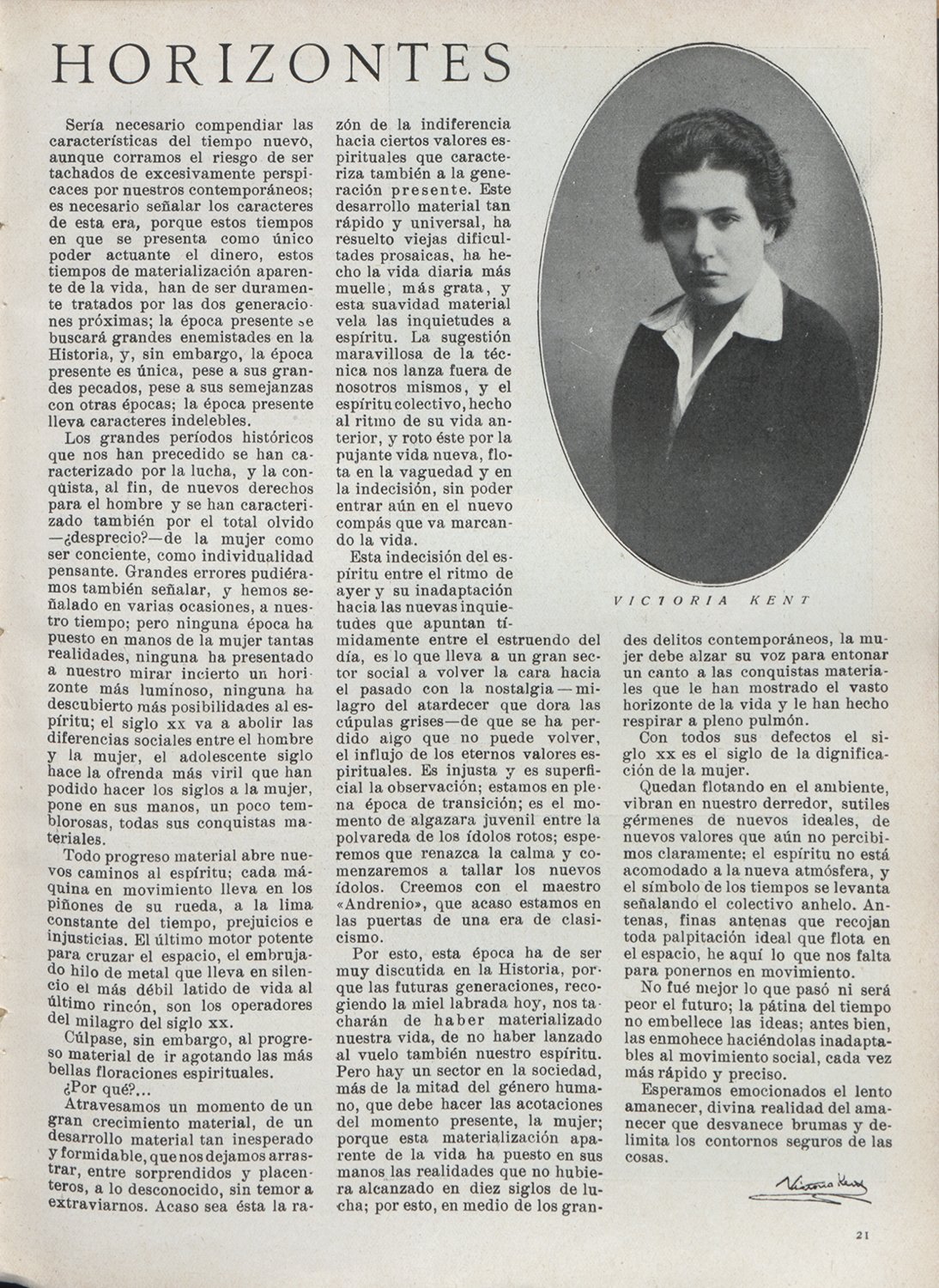Página de revista, con el titular "Horizontes" y la foto de una mujer.