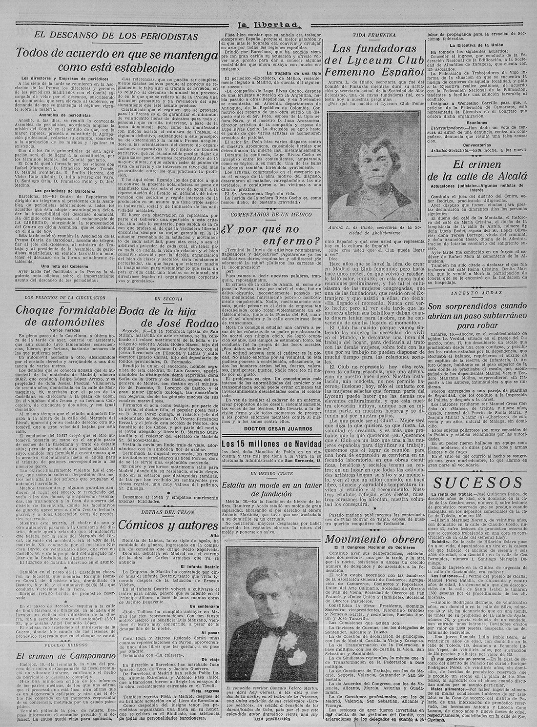 Página del periódico "La Libertad", con retrato de mujer y el titular "Las fundadoras del Lyceum Club Femenino Español".