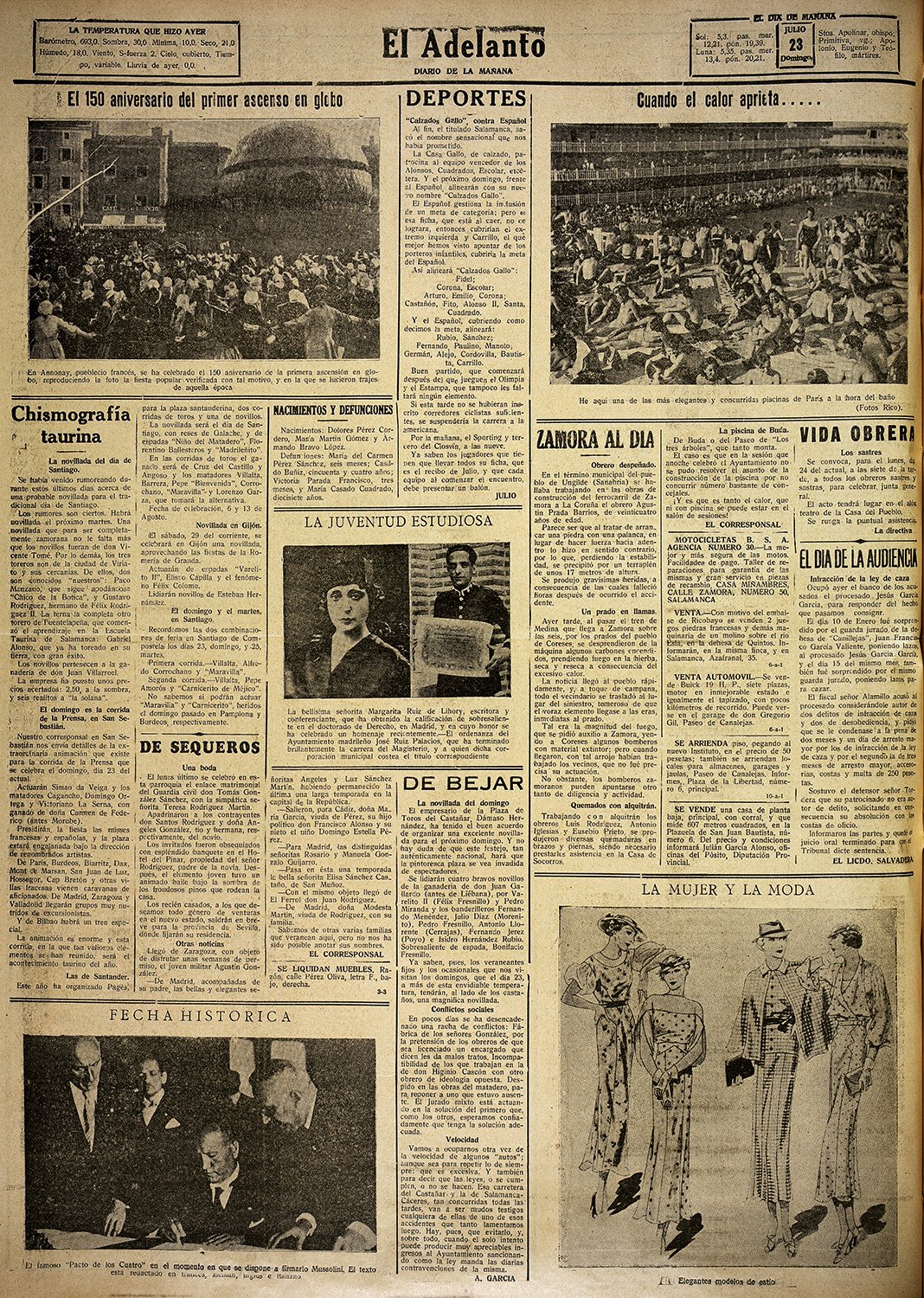 Página del periódico "El Adelanto", con titular "La juventud estudiosa".