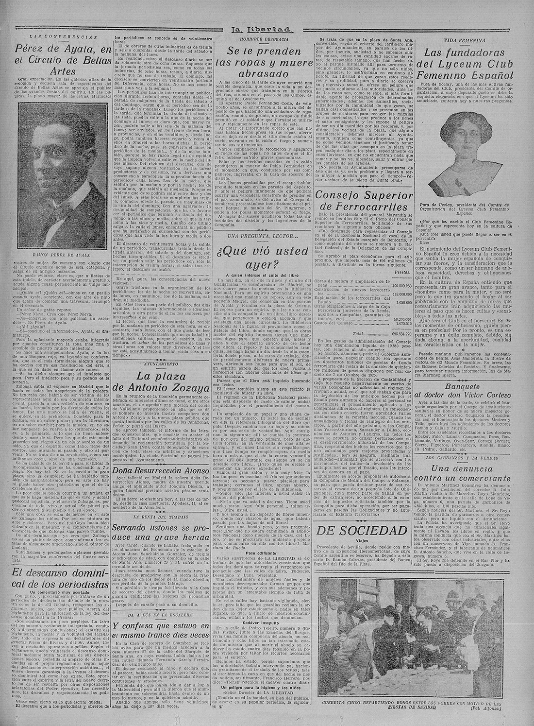 Página del periódico "La Libertad", con el titular "Las Fundadoras del Lyceum Club Femenino", y el retrato de una mujer.