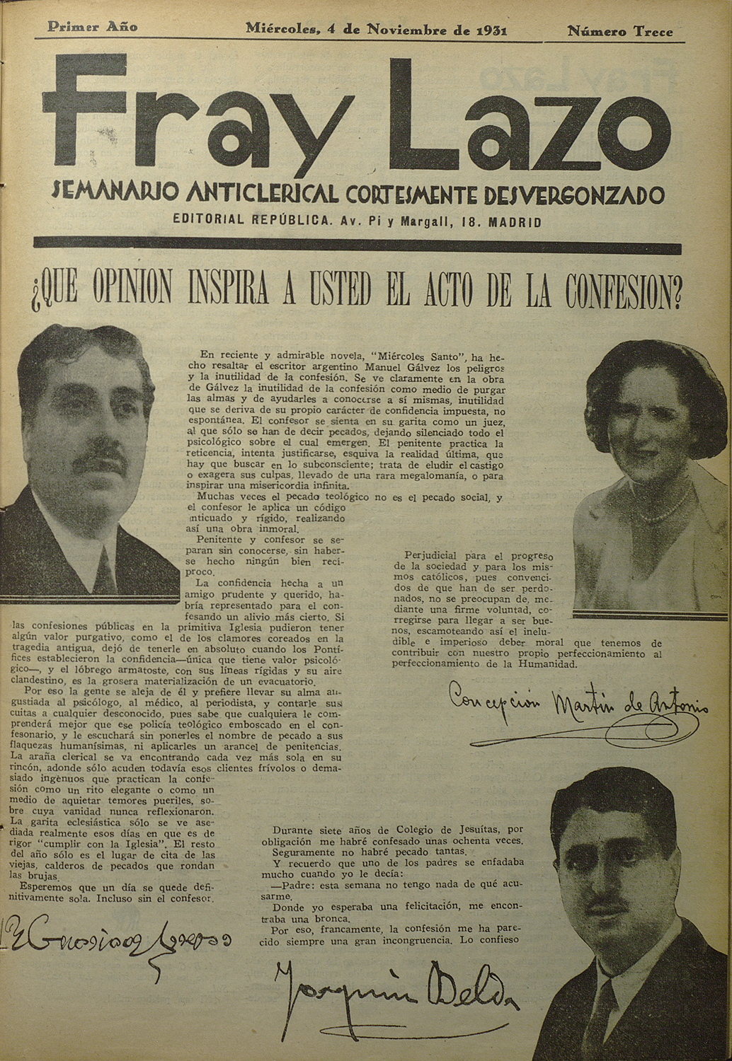 Página del periódico Fray Lazo, con fotografía de mujer.