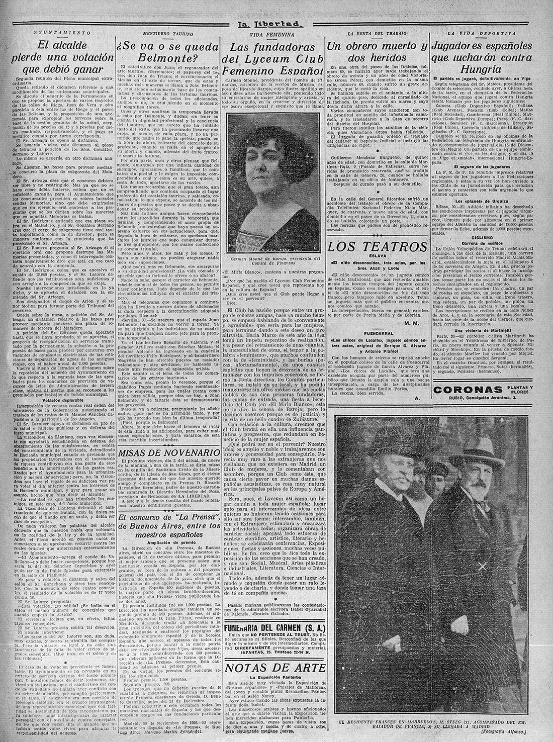 Página de periódico, con fotografía de mujer y titular "Las Fundadoras del Lyceum Club Femenino Español".