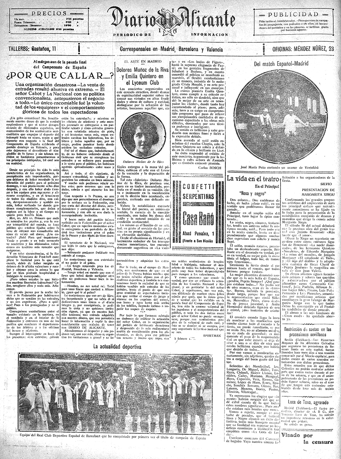 Página del Diario de Alicante, con una fotografía de mujer y el titular "Dolores Muñoz de la Riva y Emilia Quintero en el Lyceum Club"