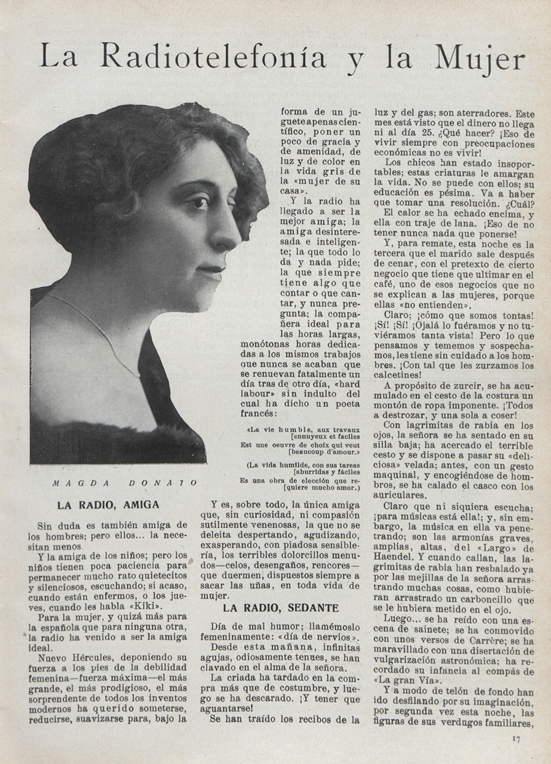 Página de periódico con retrato de mujer, y titular" La Radiotelefonía y la Mujer".