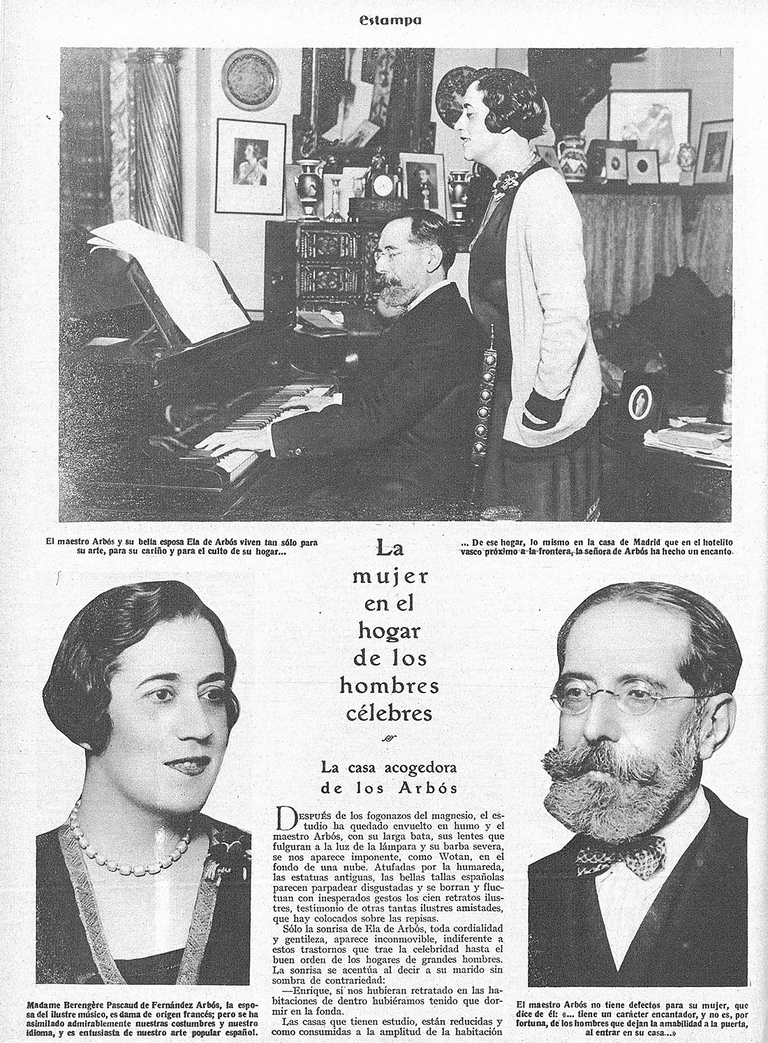 Página de la revista "Estampa", con los retratos de un hombre y una mujer y una foto de la pareja en su casa.