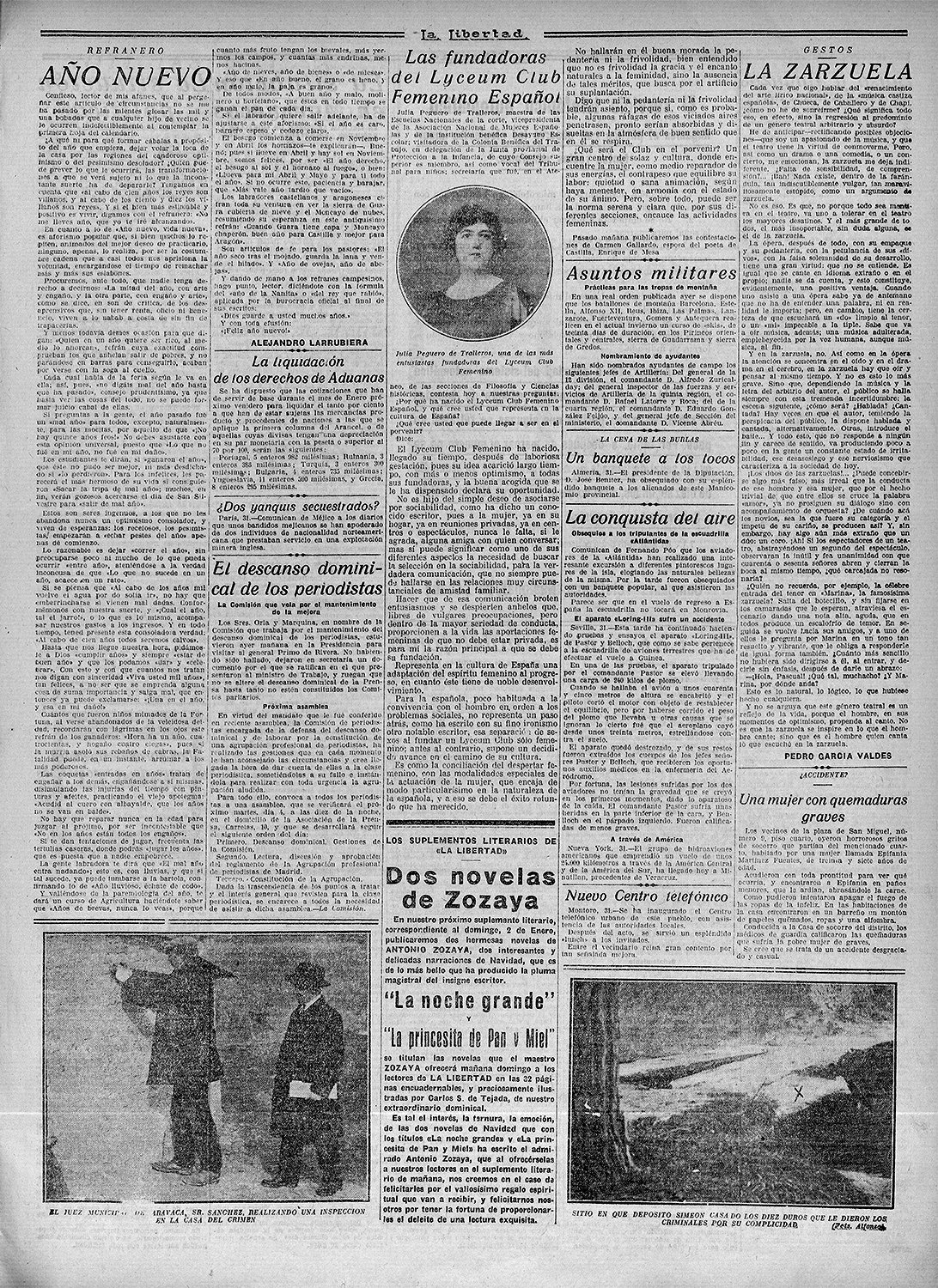 Página del periódico "La Libertad", con foto de mujer y el titular "Las Fundadoras del Lyceum Club Femenino Español".