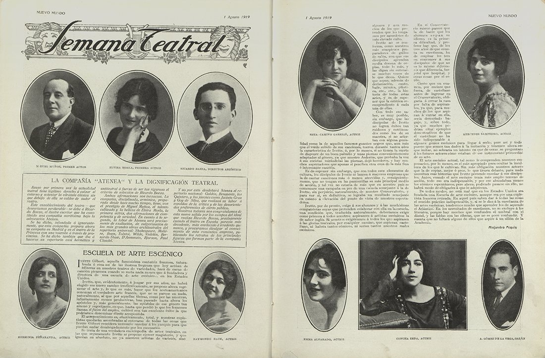 Páginas de la revista "Nuevo Mundo", con el título "Semana Teatral" y varios retratos de hombres y mujeres.