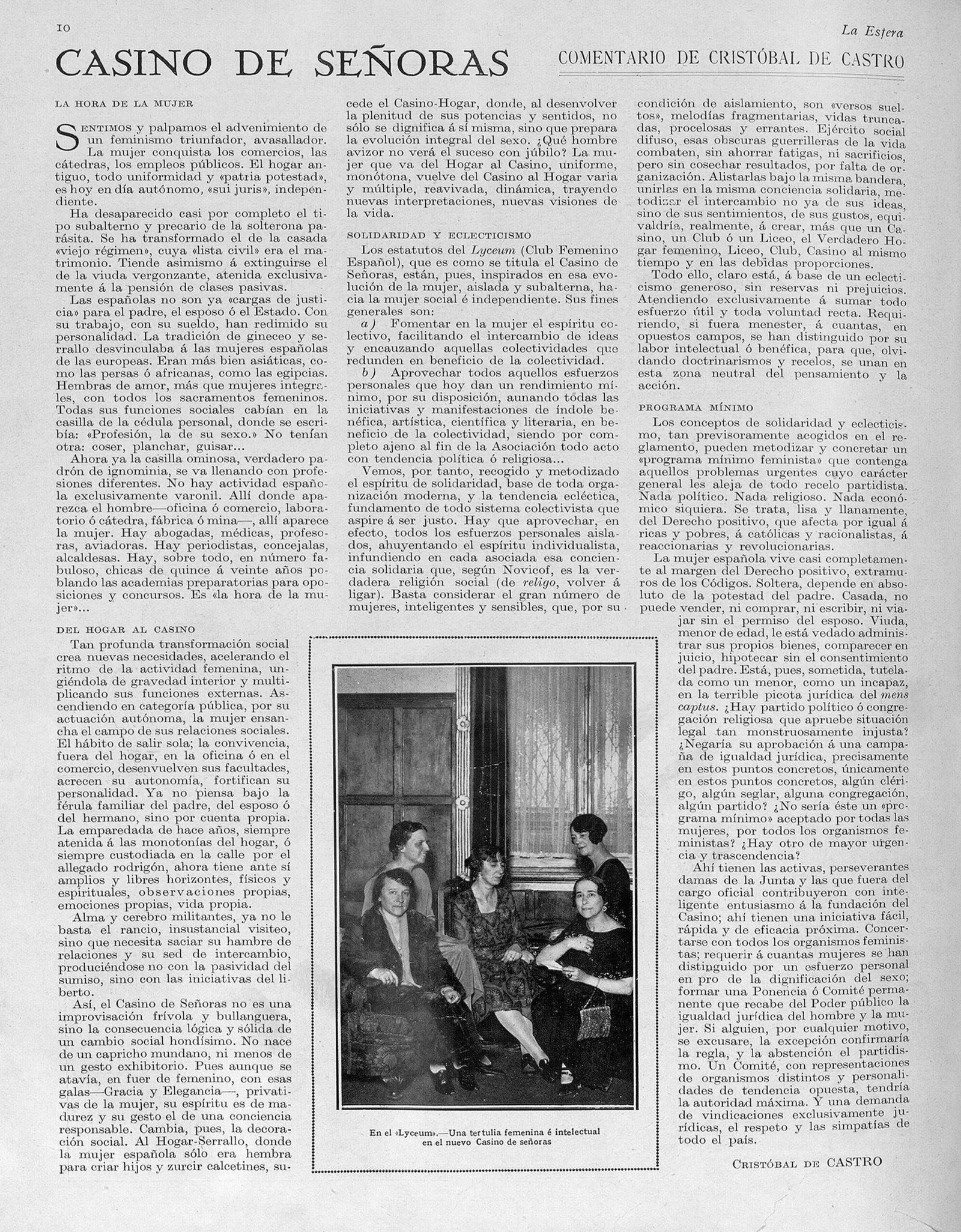 Página del periódico "La Esfera", con una foto de varias mujeres y el titular "Casino de Señoras".