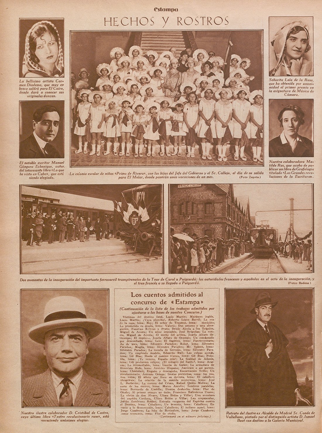 Página de la revista "Estampa", con el titular "Hechos y rostros" y varias fotos de personas y grupos.