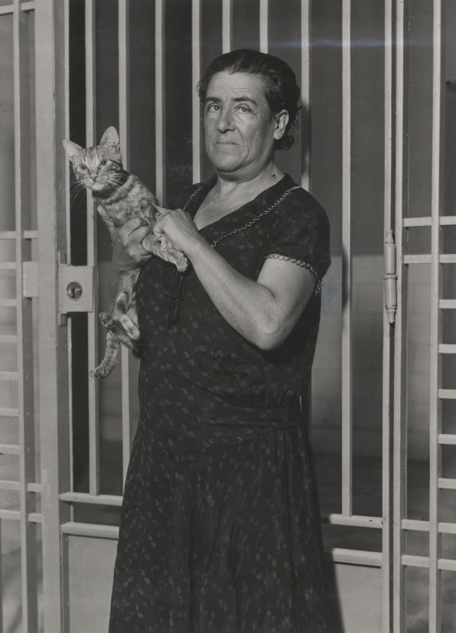 Mujer de pie con un gato en brazos.