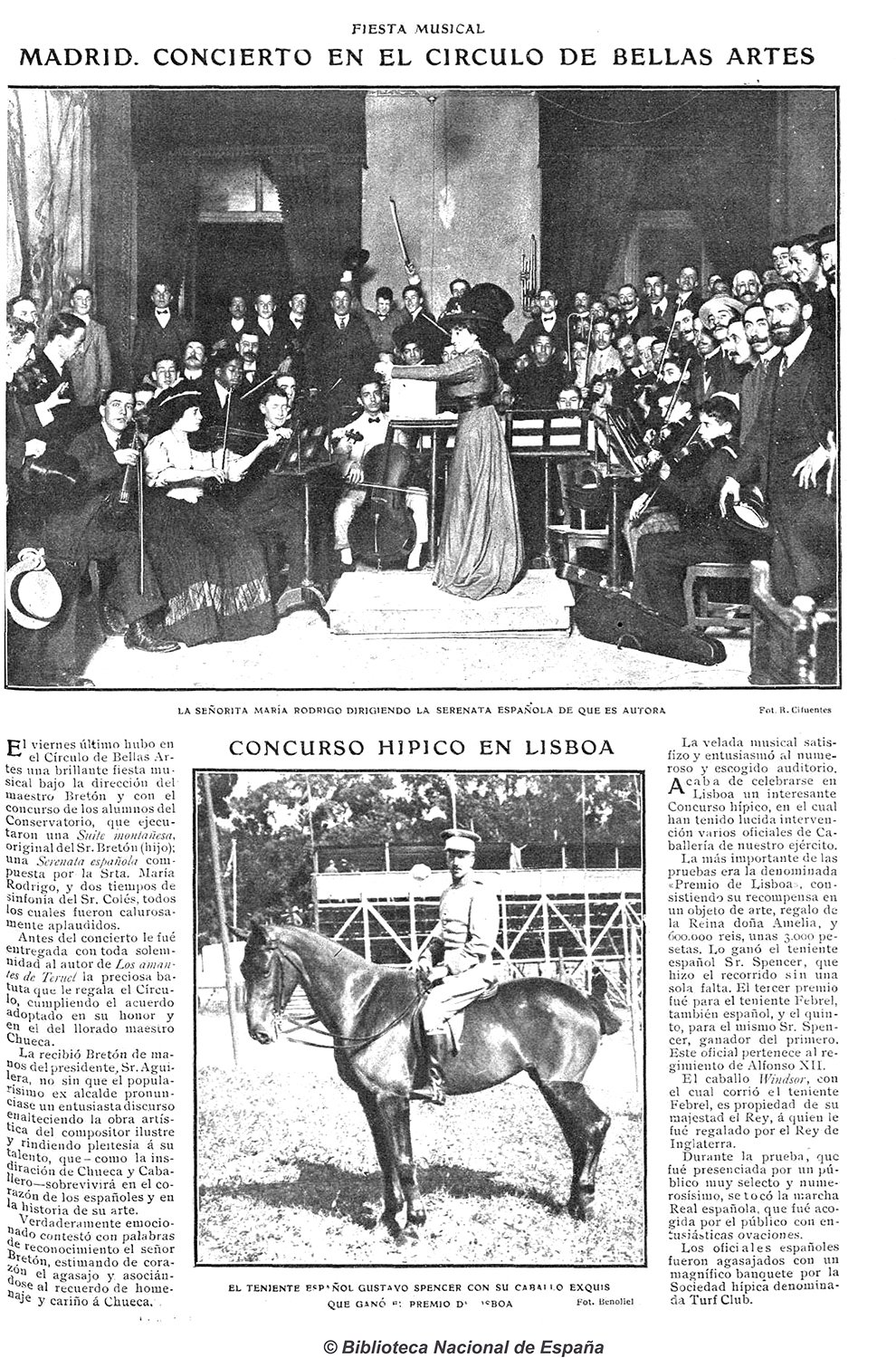 Página de la revista "Actualidades", con la foto de un mujer dirigiendo una orquesta y el titular "Madrid. Concierto en el Círculo de Bellas Artes".