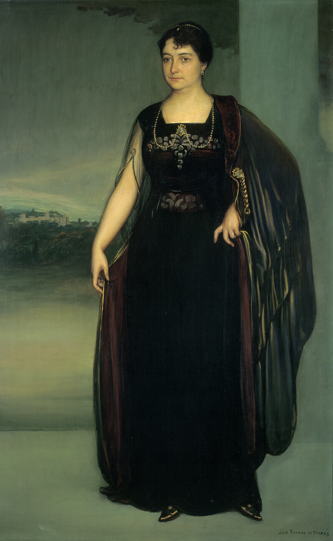 Retrato al óleo de mujer de pie con vestido.