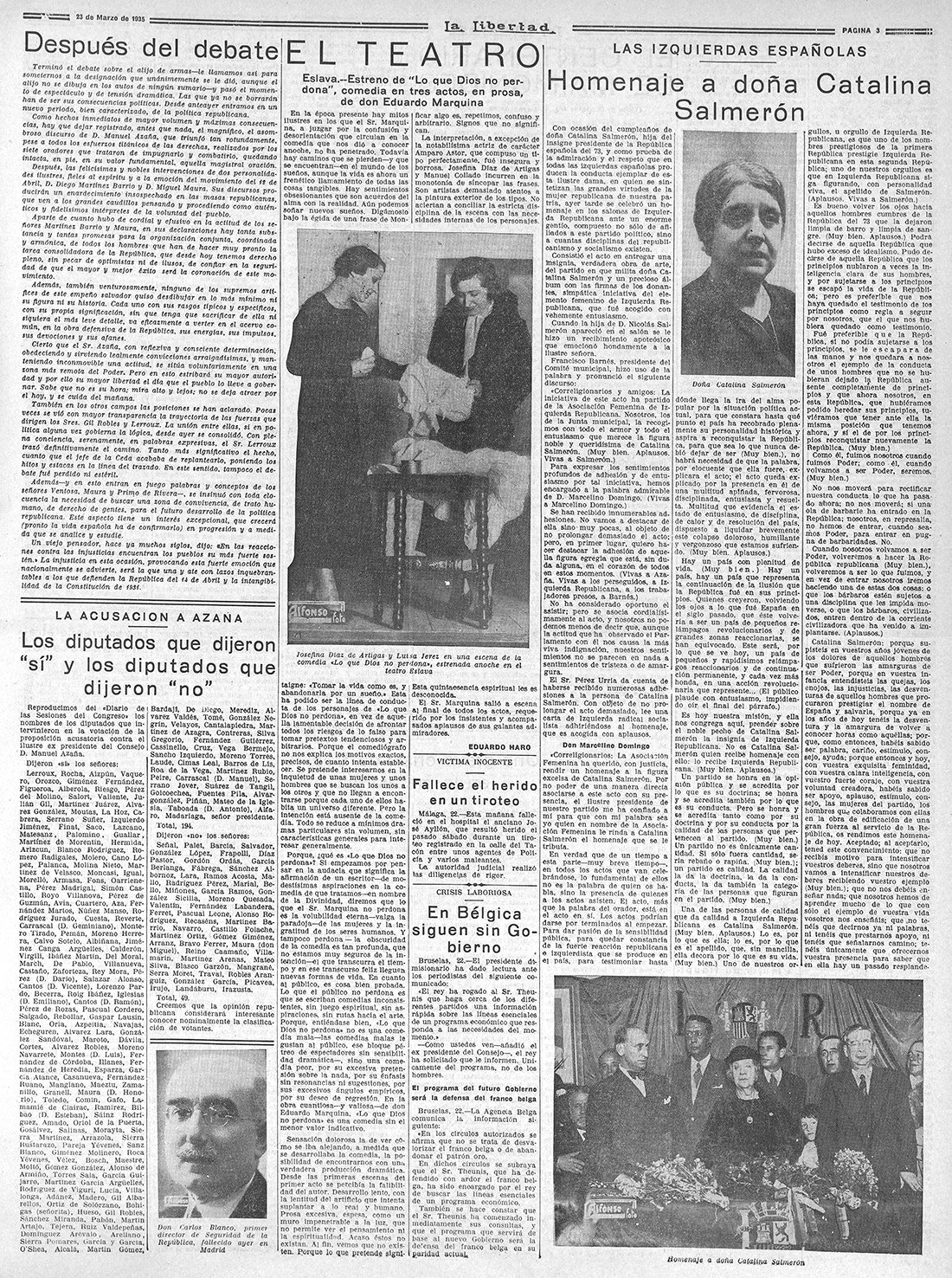 Página del periódico "La Libertad", con retrato de mujer y el titular "Homenaje a Doña Catalina Salmerón".