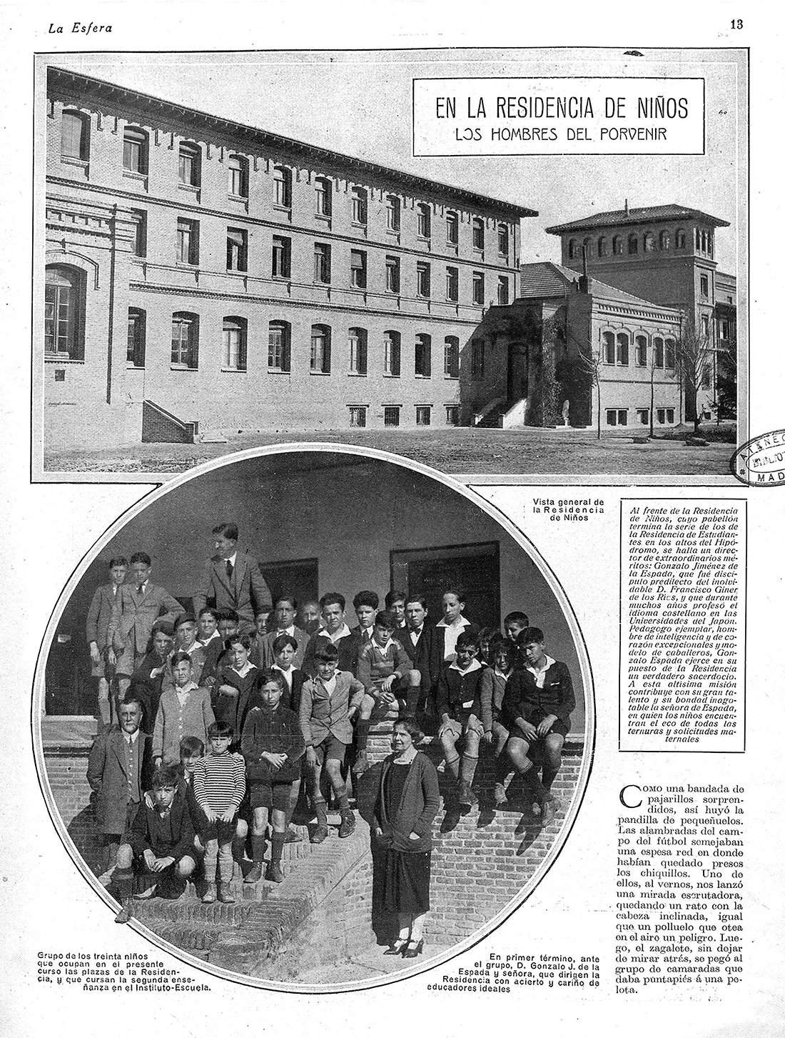 Página del periódico "La Esfera", con la foto de un grupo de niños y una mujer, y el titular "La Residencia de Niños, Los hombres del porvenir".