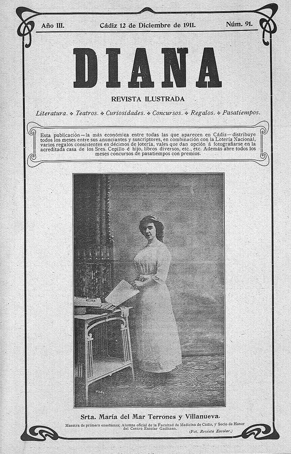 Portada de la revista "Diana", con la foto de una mujer de pie con un periódico en la mano.