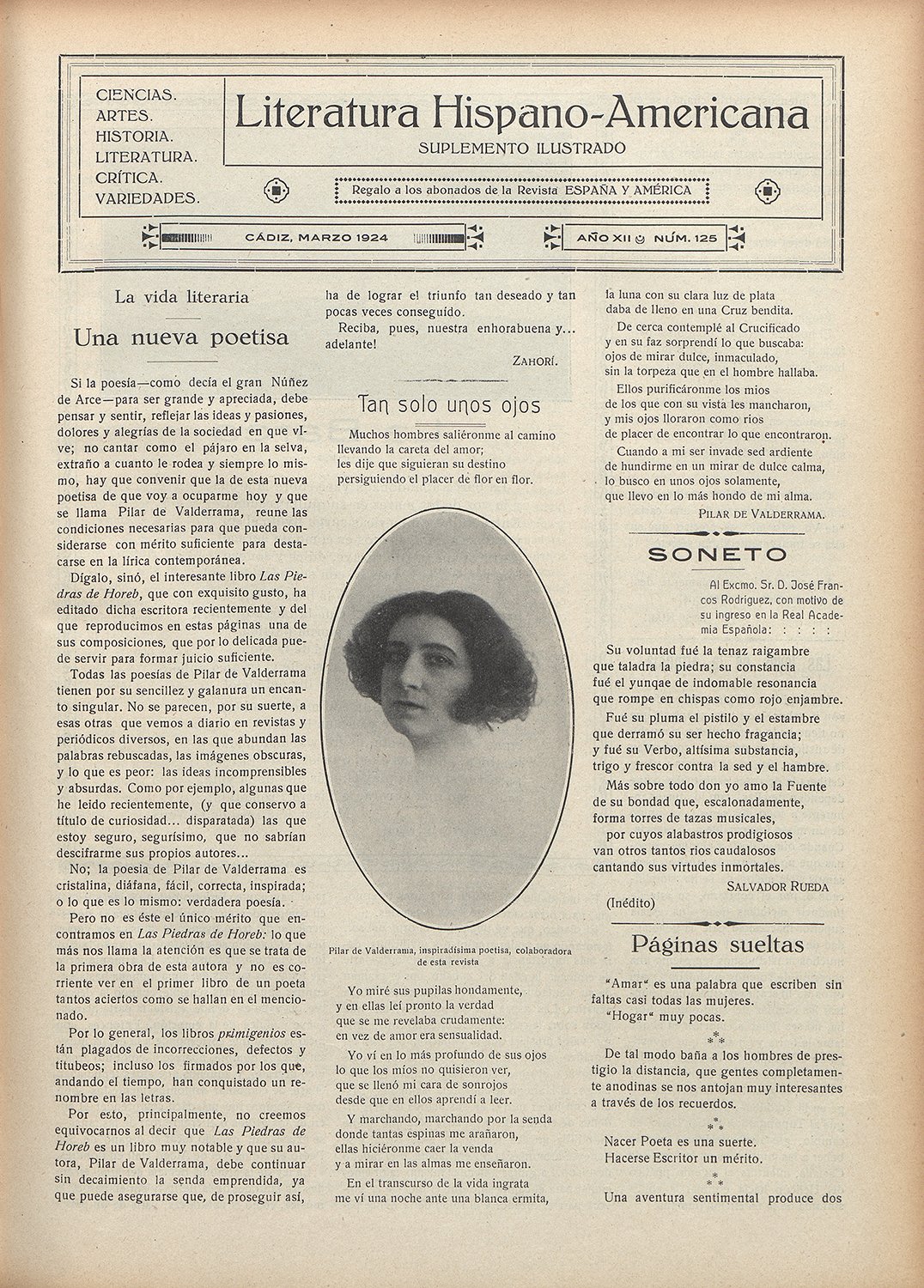 Página de la revista "Literatura Hispano-Americana", con el retrato de una mujer y el titular "Una nueva poetisa".